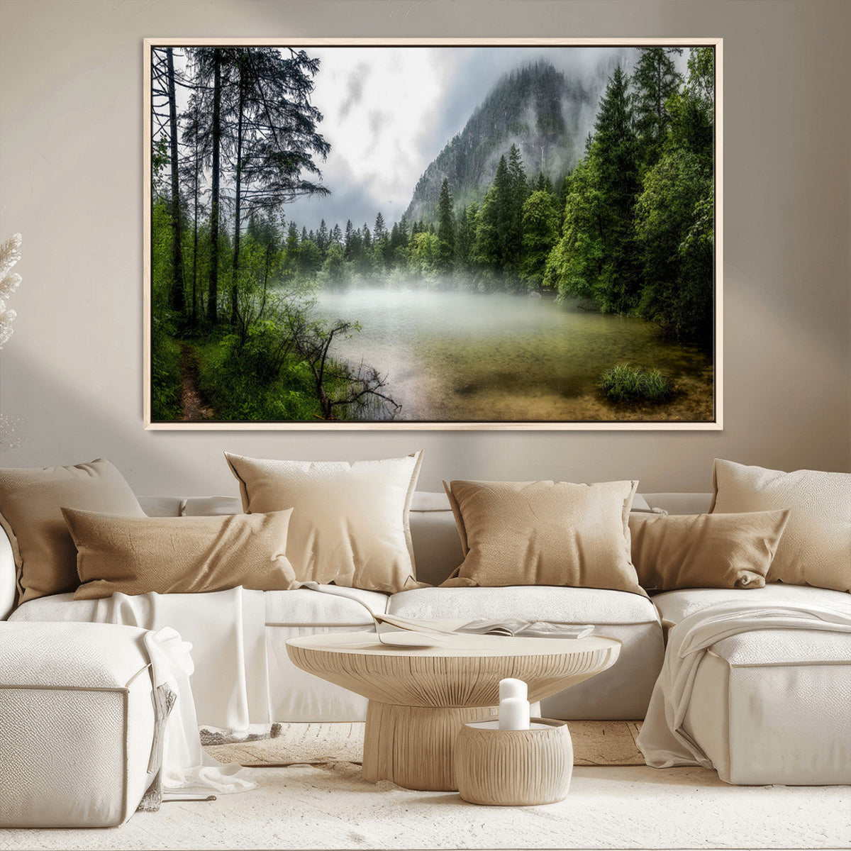 Misty Lake Forest Wall Art, Green Trees and Calm Water Reflection, Mountain Fog Landscape Canvas