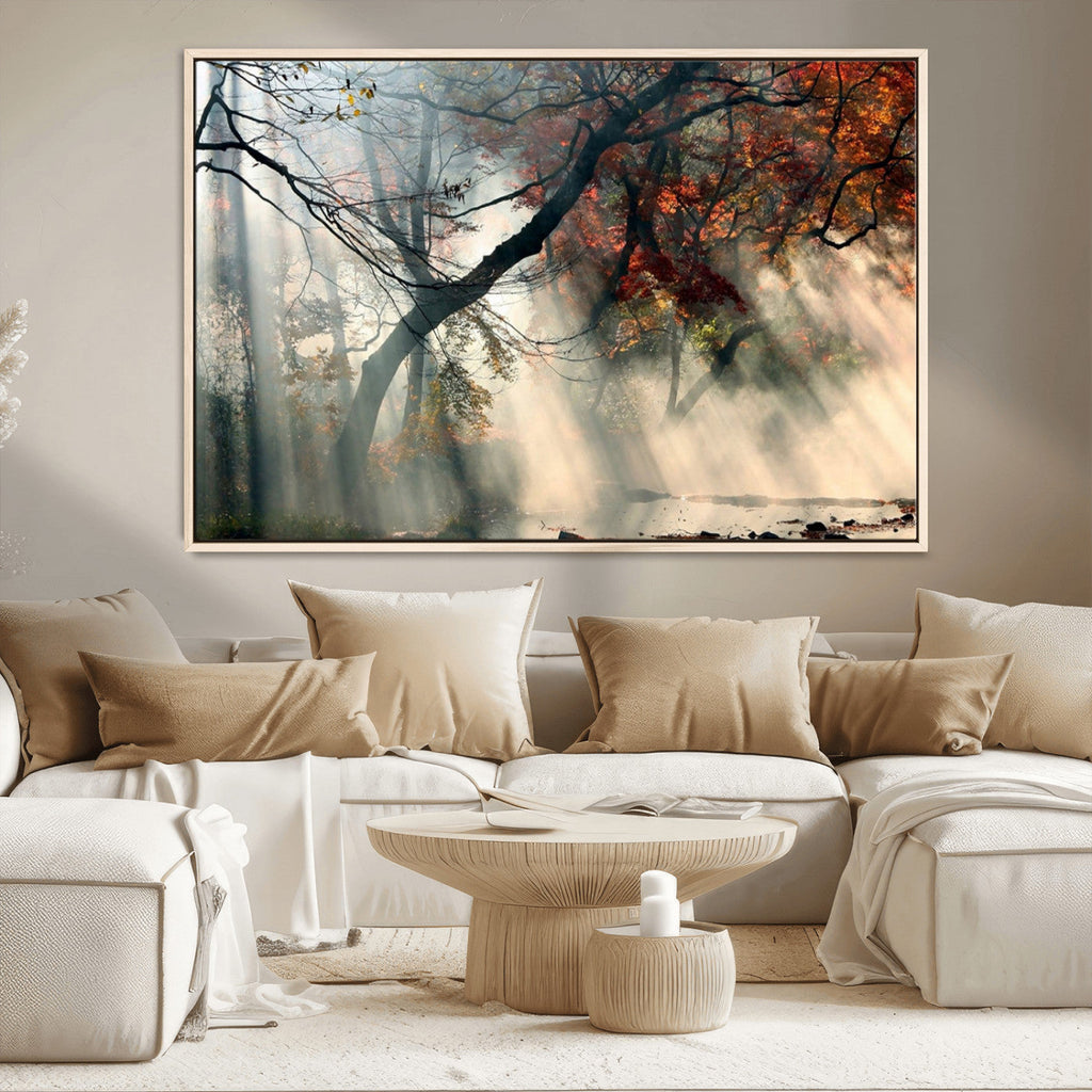 Sunlit Autumn Forest Wall Art, Misty Trees with Sun Rays, Peaceful Fall Landscape Canvas Print