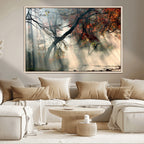 Sunlit Autumn Forest Wall Art, Misty Trees with Sun Rays, Peaceful Fall Landscape Canvas Print