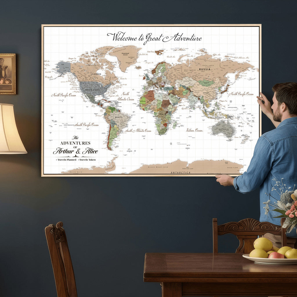 Custom Beige Push Pin World Map Wall Art, Bucket List Map, Study and Hallway Decor
