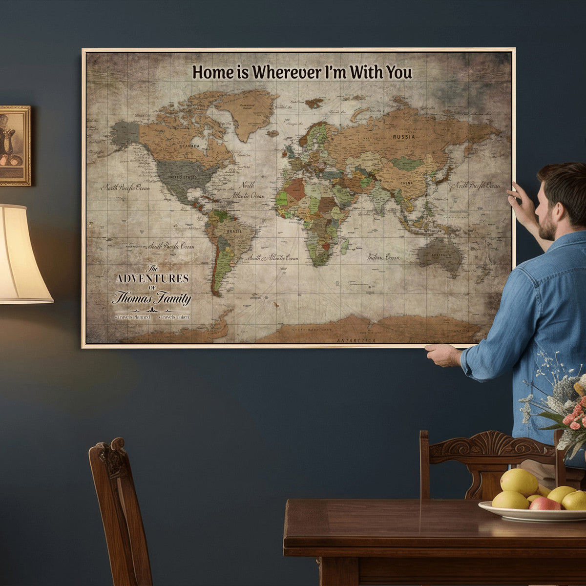 Personalized Beige Geometric World Map Canvas with Push Pins, Next Trip Planner Map, Study and Entryway Decor