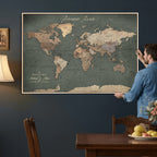 Personalized Framed Beige Modern World Map Canvas with Push Pins, Bucket List Map, Family Room and Dining Room Decor