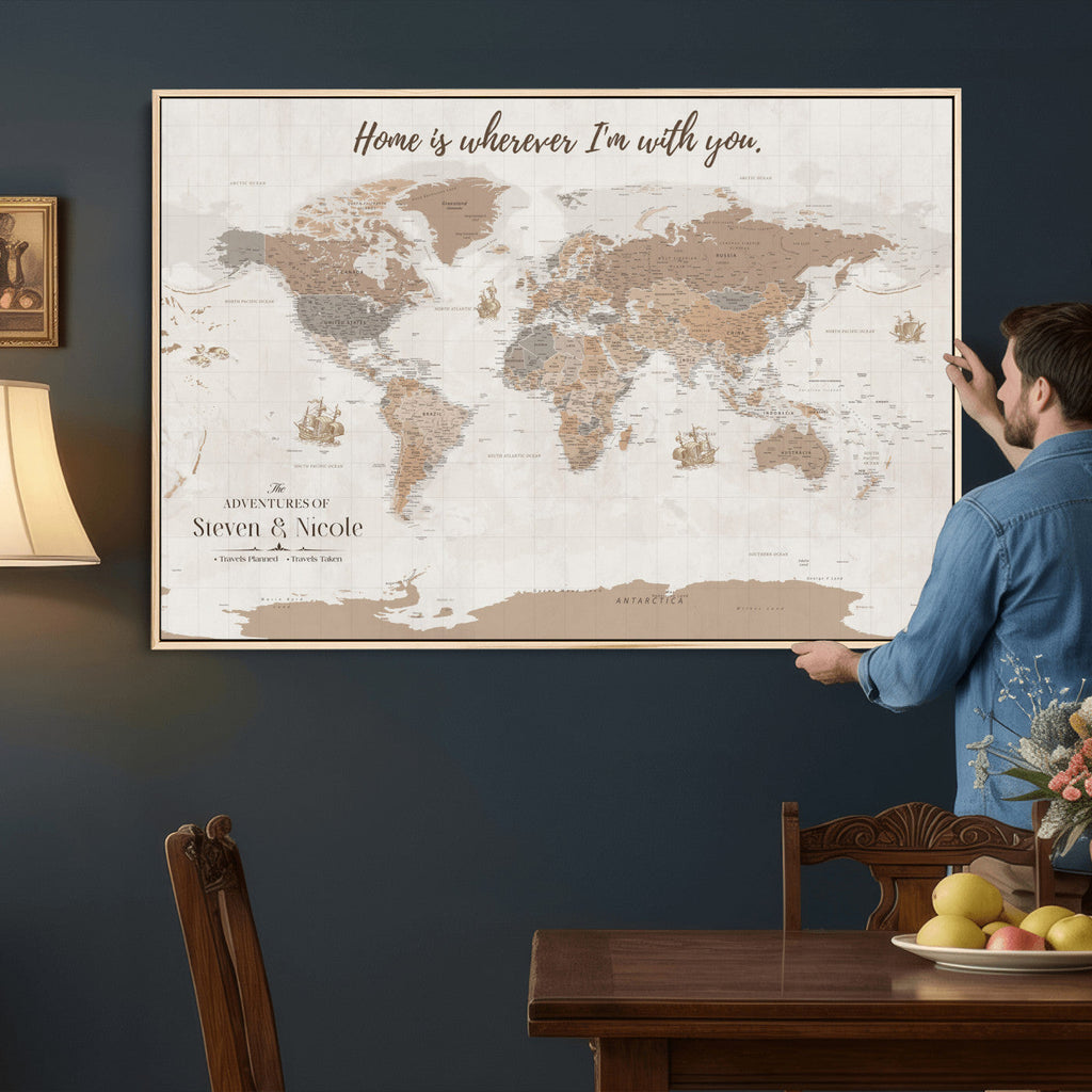 Personalized Beige Geometric Push Pin World Map Canvas Print, Countries Visited Map, Study and Home Office Decor