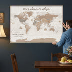 Personalized Beige Geometric Push Pin World Map Canvas Print, Countries Visited Map, Study and Home Office Decor