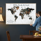 Custom Navy Geometric Push Pin World Map Canvas Print, Bucket List Map, Living Room and Home Office Decor