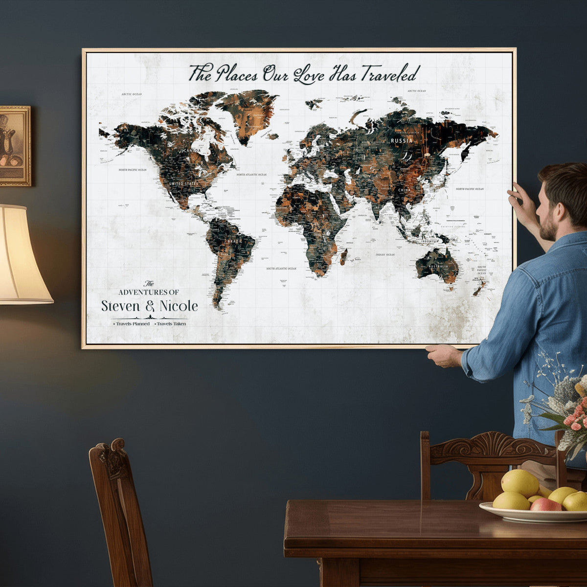 Custom Navy Geometric Push Pin World Map Canvas Print, Bucket List Map, Living Room and Home Office Decor