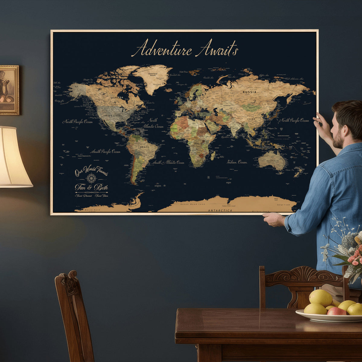 Personalized Navy Geometric World Map Canvas with Push Pins, Honeymoon and Anniversary Gift, Home Office and Hallway Decor