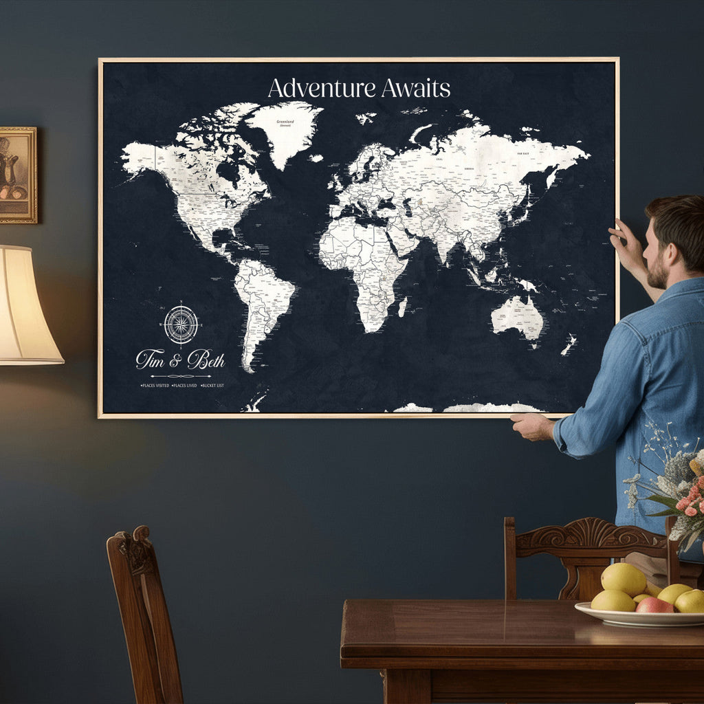 Custom World Map Wall Art Canvas Print | Personalized Push Pin Travel Tracker