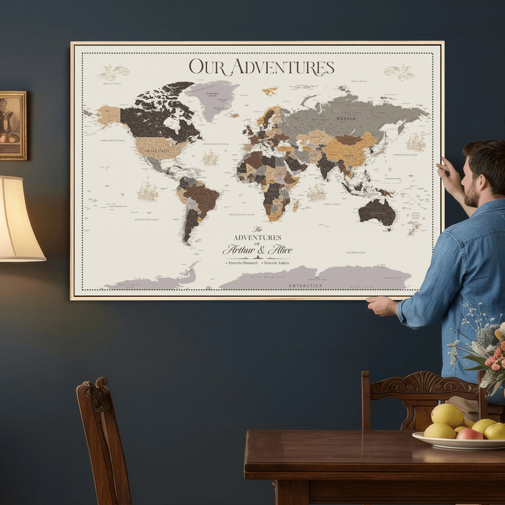 Personalized Travel Tracker Map with Pins, Framed World Map for Home and Office