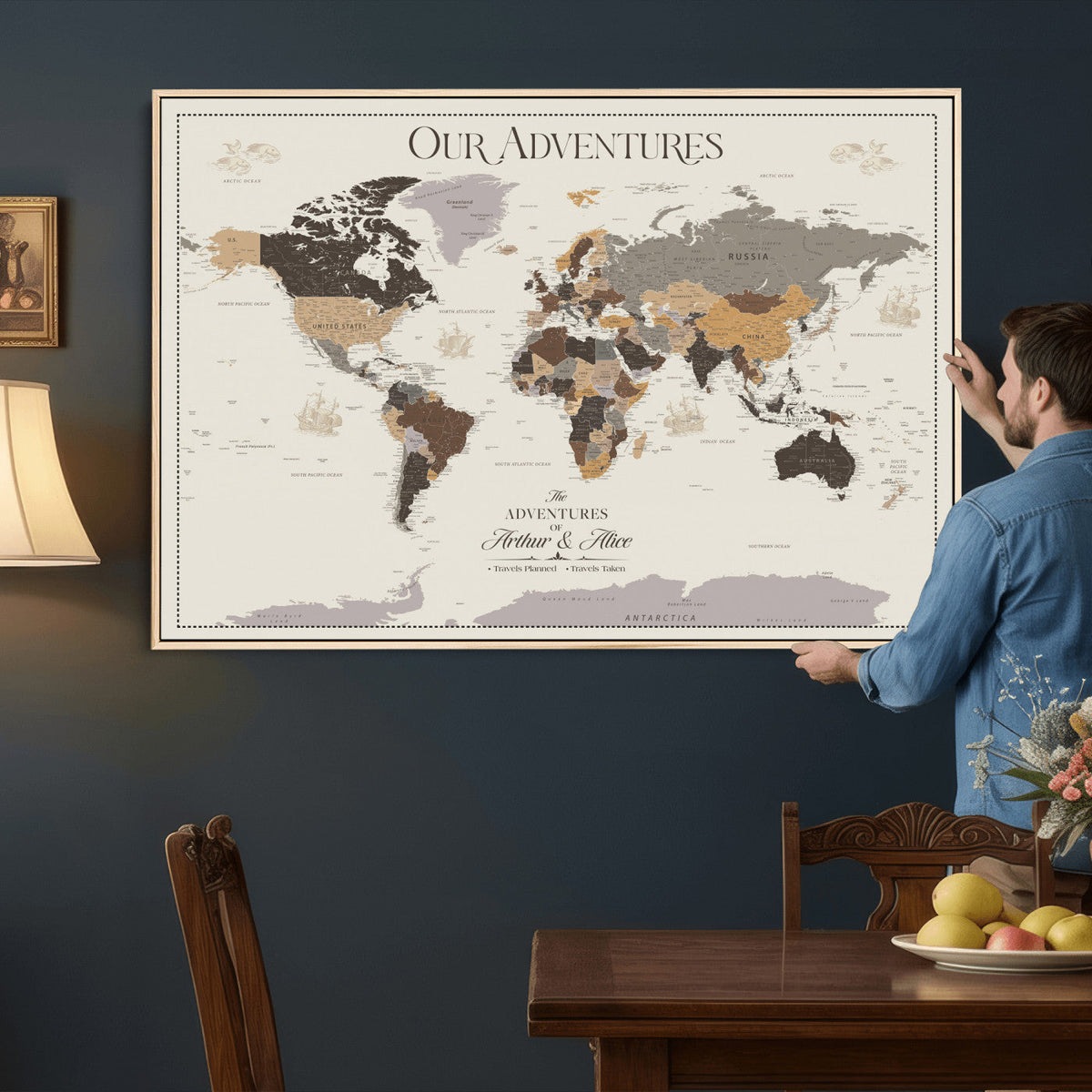 Personalized Travel Tracker Map with Pins, Framed World Map for Home and Office