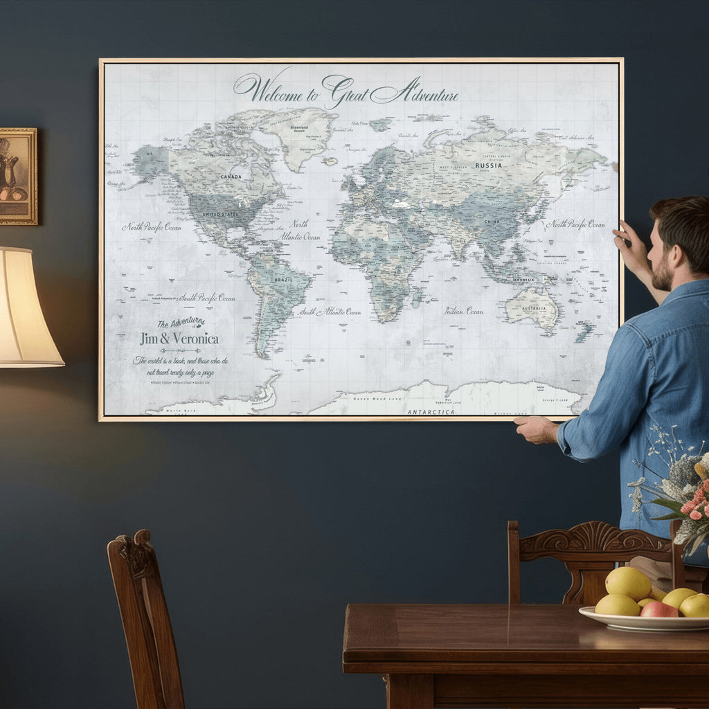 Personalized Beige Antique Push Pin World Map Canvas Print, Family Travel Tracker, Family Room and Entryway Decor