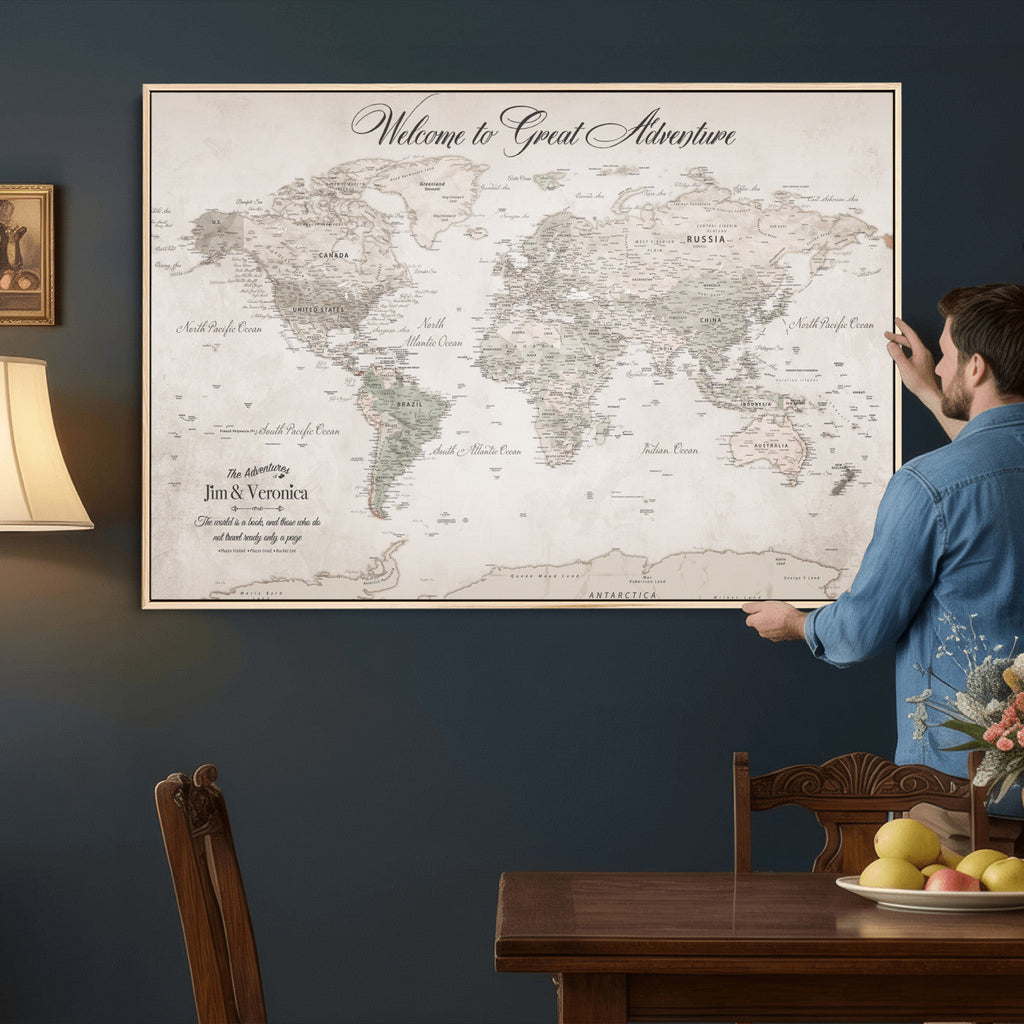 Personalized Beige World Map Canvas with Push Pins, Places Visited Tracker, Family Room and Entryway Decor