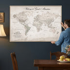 Personalized Beige World Map Canvas with Push Pins, Places Visited Tracker, Family Room and Entryway Decor