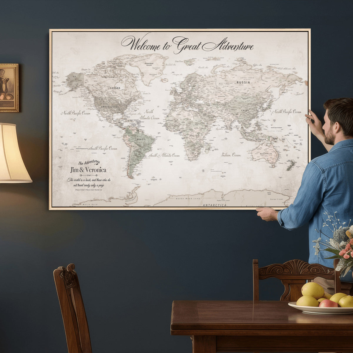 Personalized Beige World Map Canvas with Push Pins, Places Visited Tracker, Family Room and Entryway Decor