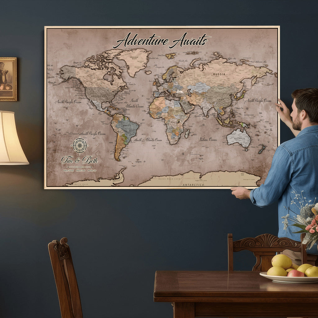 Custom Push Pin World Map Wall Art Canvas Print | Personalized Travel Tracker
