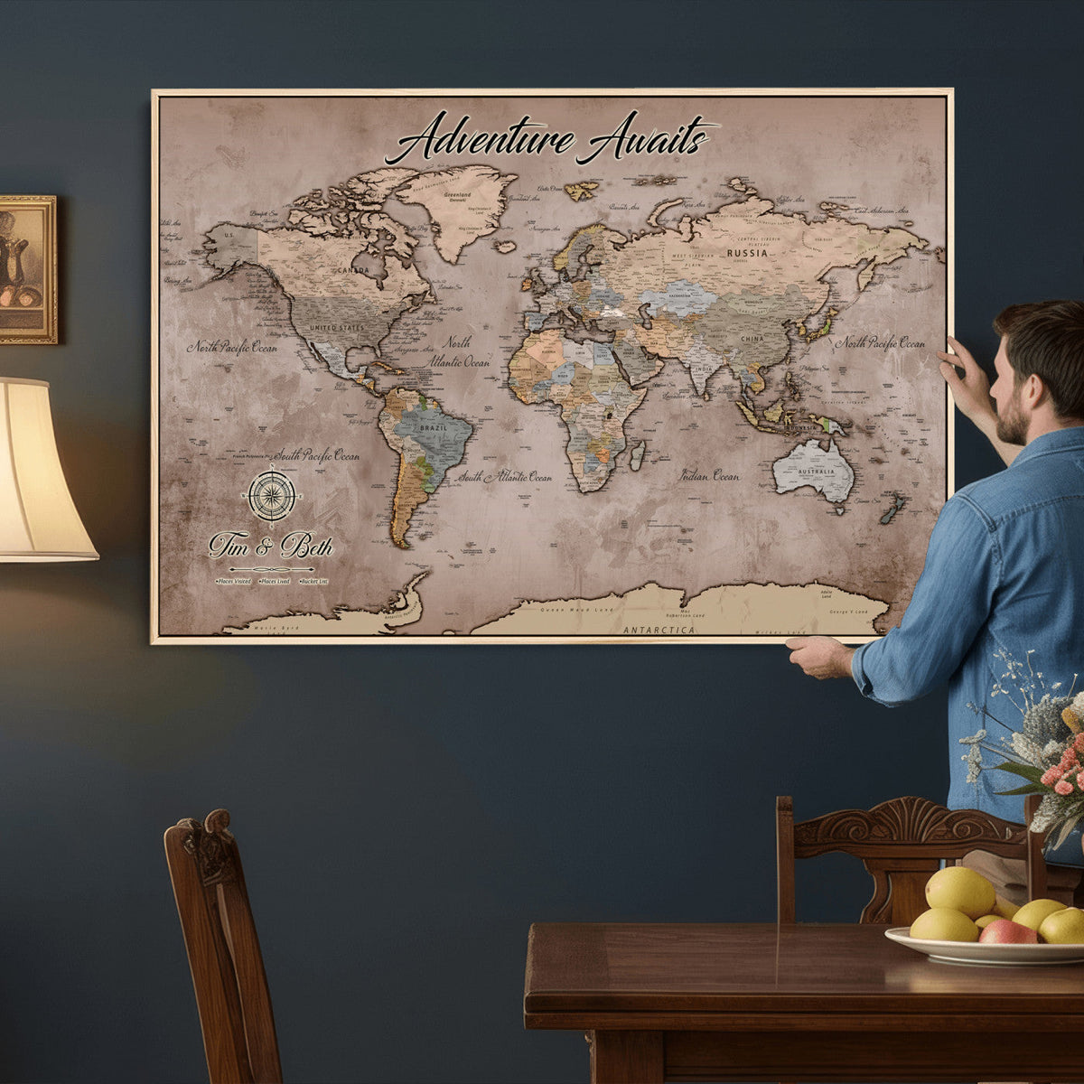 Custom Push Pin World Map Wall Art Canvas Print | Personalized Travel Tracker