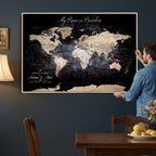 Personalized Beige World Map Canvas with Push Pins, Couples Countries Visited Map, Study and Hallway Decor