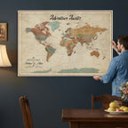Custom Beige Push Pin World Map Canvas Print, Next Trip Planner Map, Family Room and Study Decor