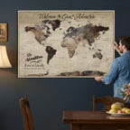 Custom Beige Modern Push Pin World Map Wall Art, Honeymoon and Anniversary Gift, Dining Room and Study Decor