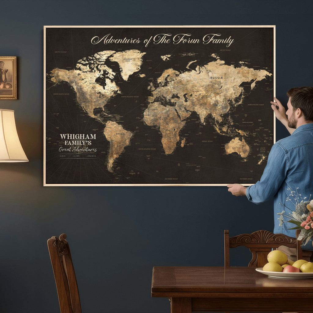 Personalized Framed Beige World Travel Map Wall Art with Pins, Couples Countries Visited Map, Family Room and Dining Room Decor