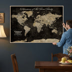 Personalized Framed Black Modern World Map Canvas with Push Pins, Next Trip Planner Map, Dining Room and Home Office Decor