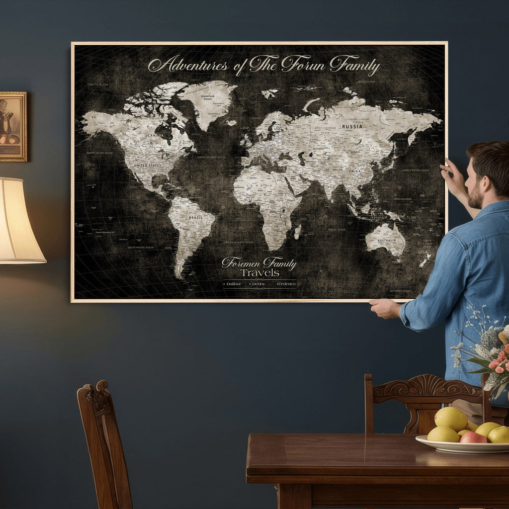 Personalized Framed Beige Push Pin World Map Canvas Print, Couples Countries Visited Map, Dining Room and Study Decor