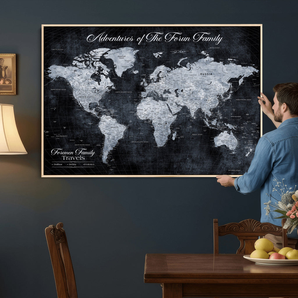 Personalized Framed Beige Modern Push Pin World Map Wall Art, Places Visited Tracker, Family Room and Dining Room Decor
