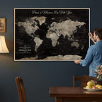 Personalized Framed Black Geometric World Map Canvas with Push Pins, Bucket List Map, Living Room and Dining Room Decor