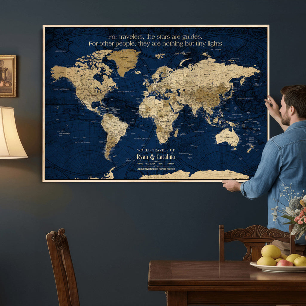Personalized Framed Black Push Pin Travel Map Canvas Print, Next Trip Planner Map, Dining Room and Bedroom Decor