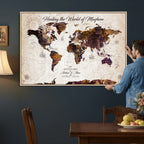 Personalized Framed Navy World Travel Map Wall Art with Pins, Honeymoon and Anniversary Gift, Living Room and Bedroom Decor