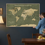 Personalized Framed Beige Geometric Push Pin World Map Canvas Print, Honeymoon and Anniversary Gift, Dining Room and Bedroom Decor