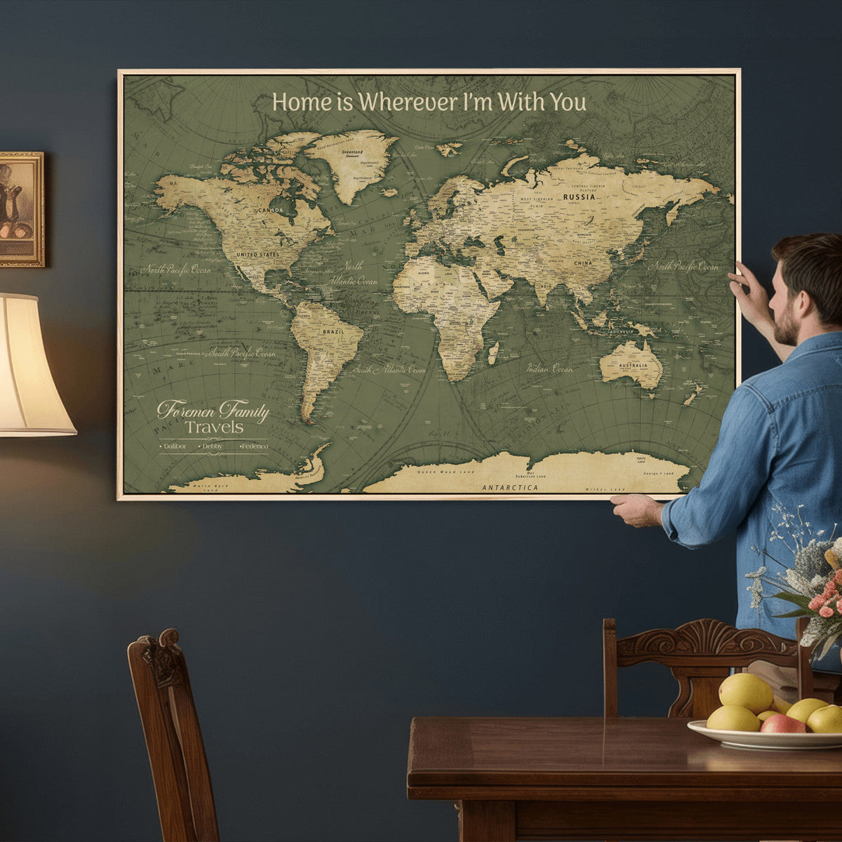 Personalized Framed Beige Geometric Push Pin World Map Canvas Print, Honeymoon and Anniversary Gift, Dining Room and Bedroom Decor