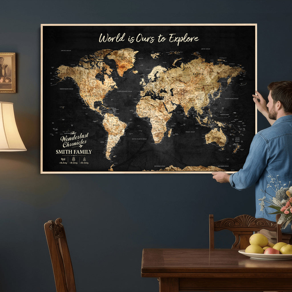 Personalized Framed Black Beige Modern World Travel Map Wall Art with Pins, Bucket List Map, Living Room and Hallway Decor