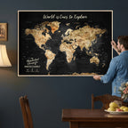 Personalized Framed Black Beige Modern World Travel Map Wall Art with Pins, Bucket List Map, Living Room and Hallway Decor