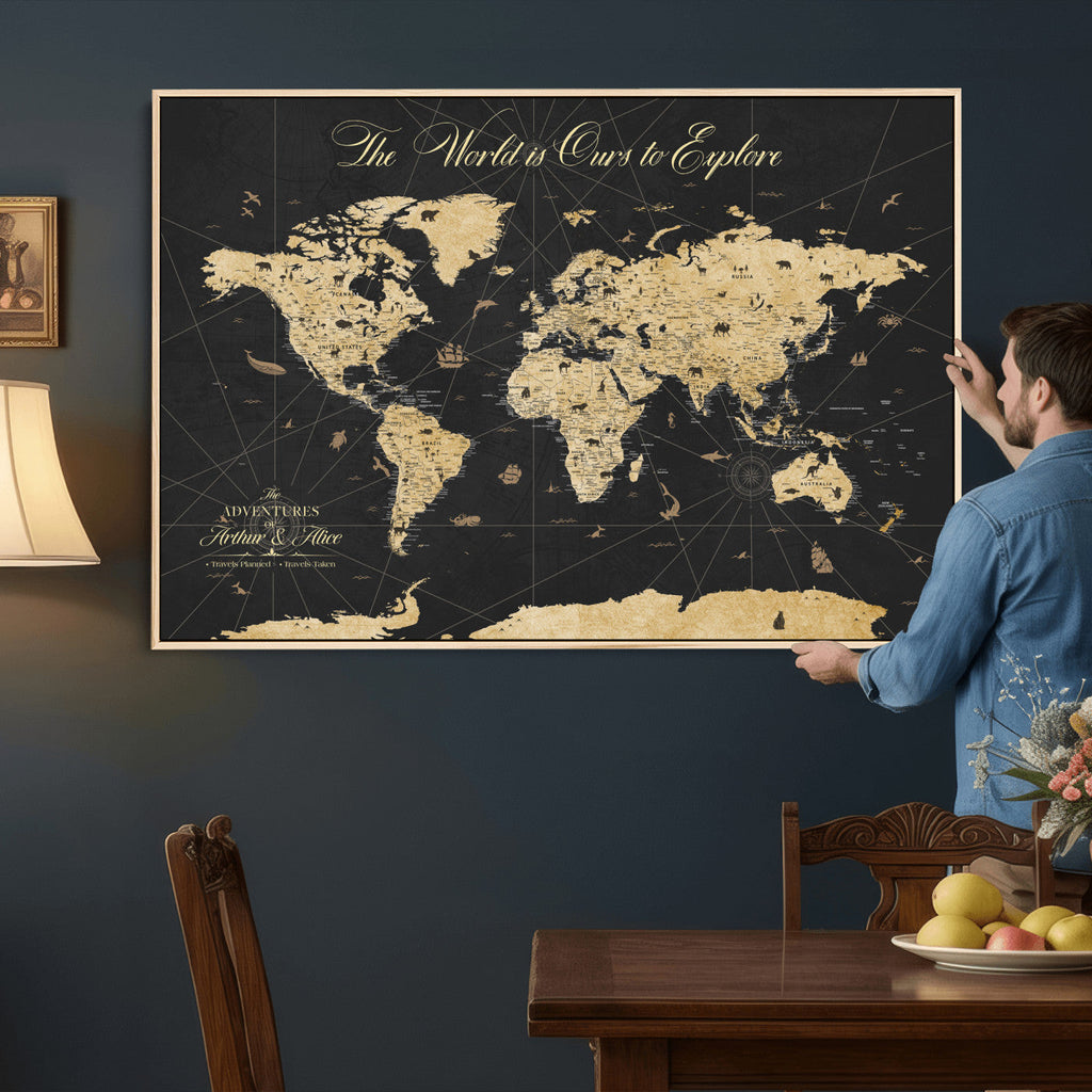 Custom Push Pin World Map Canvas Print, Couples Countries Visited Map, Living Room and Home Office Decor