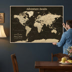 Custom Beige Push Pin World Map Wall Art, Next Trip Planner Map, Living Room and Home Office Decor