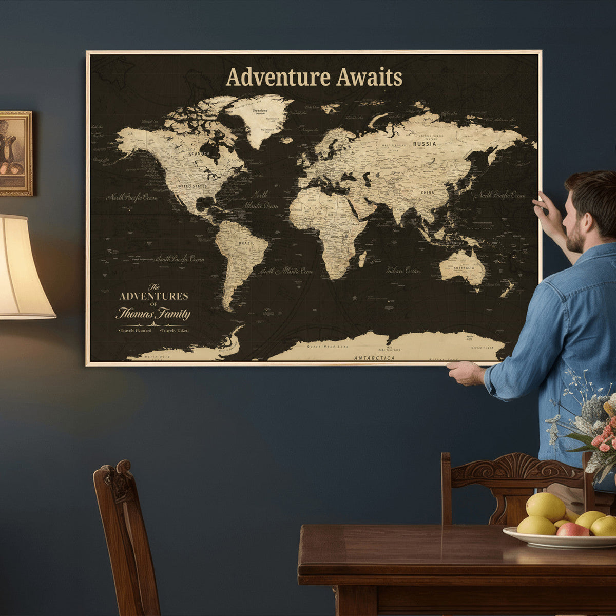Custom Beige Push Pin World Map Wall Art, Next Trip Planner Map, Living Room and Home Office Decor