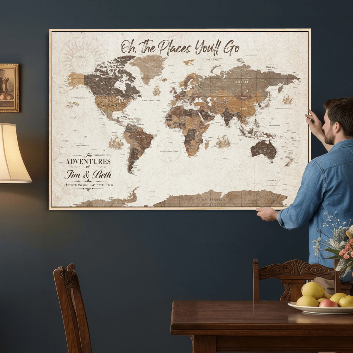 Custom Beige World Travel Map Wall Art with Pins, Couples Countries Visited Map, Living Room and Study Decor