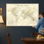 Personalized Beige Modern Push Pin World Map Wall Art, Honeymoon and Anniversary Gift, Bedroom and Study Decor