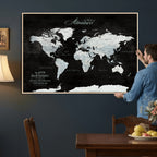 Custom Beige World Travel Map Wall Art with Pins, Places Visited Tracker, Bedroom and Home Office Decor