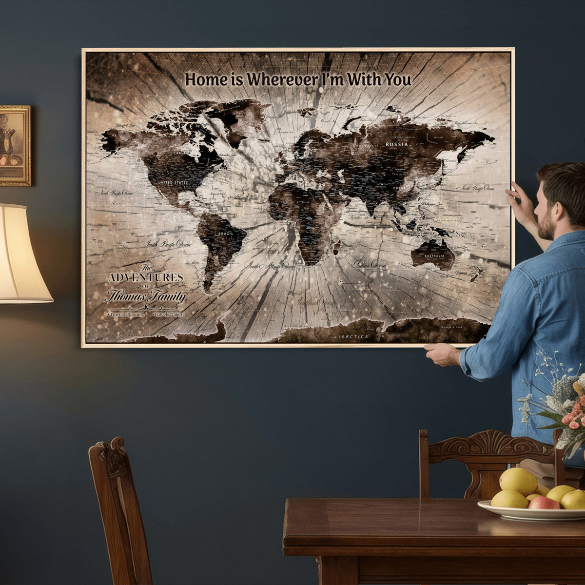 Personalized Push Pin World Map Wall Art Canvas Print, Customizable Framed Travel Map - NEWMAP-085