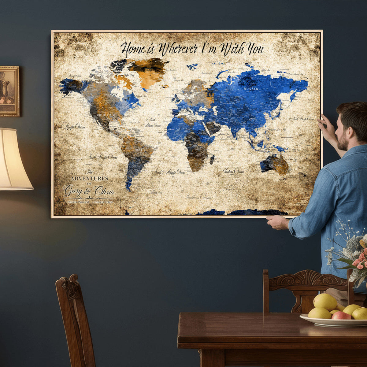 Personalized Framed Beige World Map Canvas with Push Pins, Honeymoon and Anniversary Gift, Living Room and Home Office Decor
