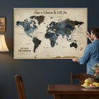 Personalized Framed Black Modern Push Pin Travel Map Canvas Print, Family Travel Tracker, Home Office and Entryway Decor