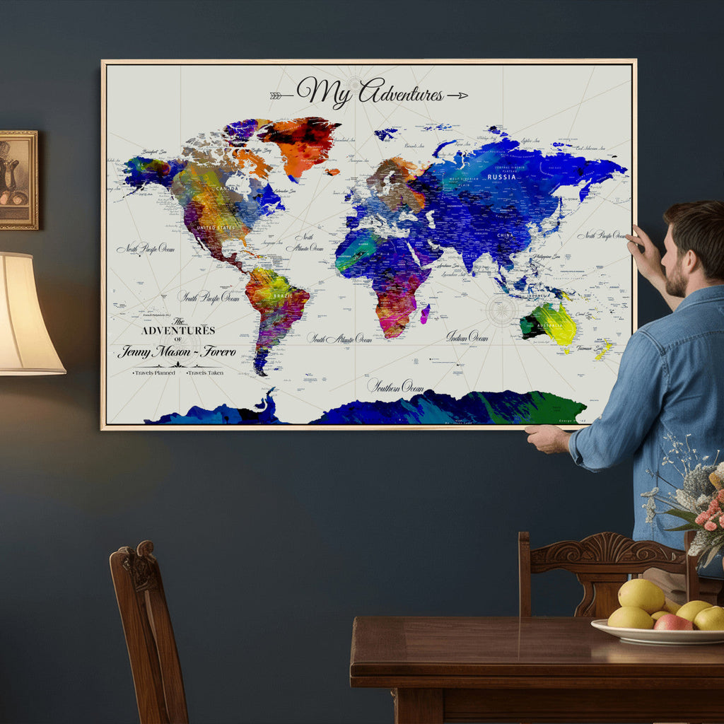 Detailed Custom Framed Beige Modern World Map Canvas with Push Pins, Honeymoon and Anniversary Gift, Dining Room and Home Office Decor