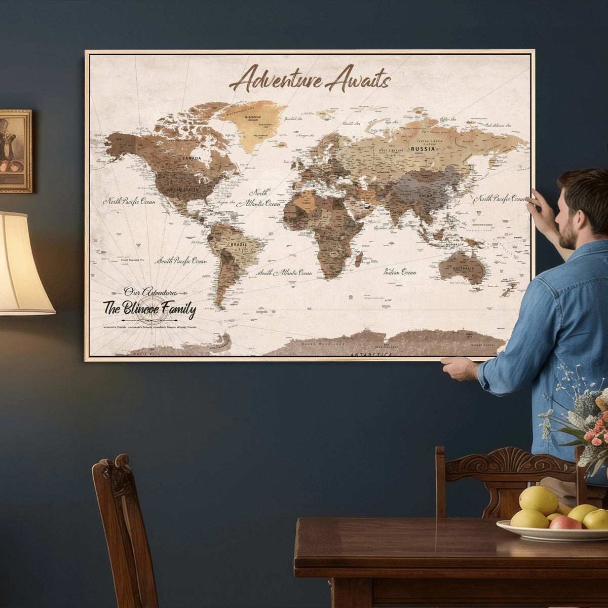 Personalized Framed White Modern Push Pin Travel Map Canvas Print, Bucket List Map, Dining Room and Study Decor