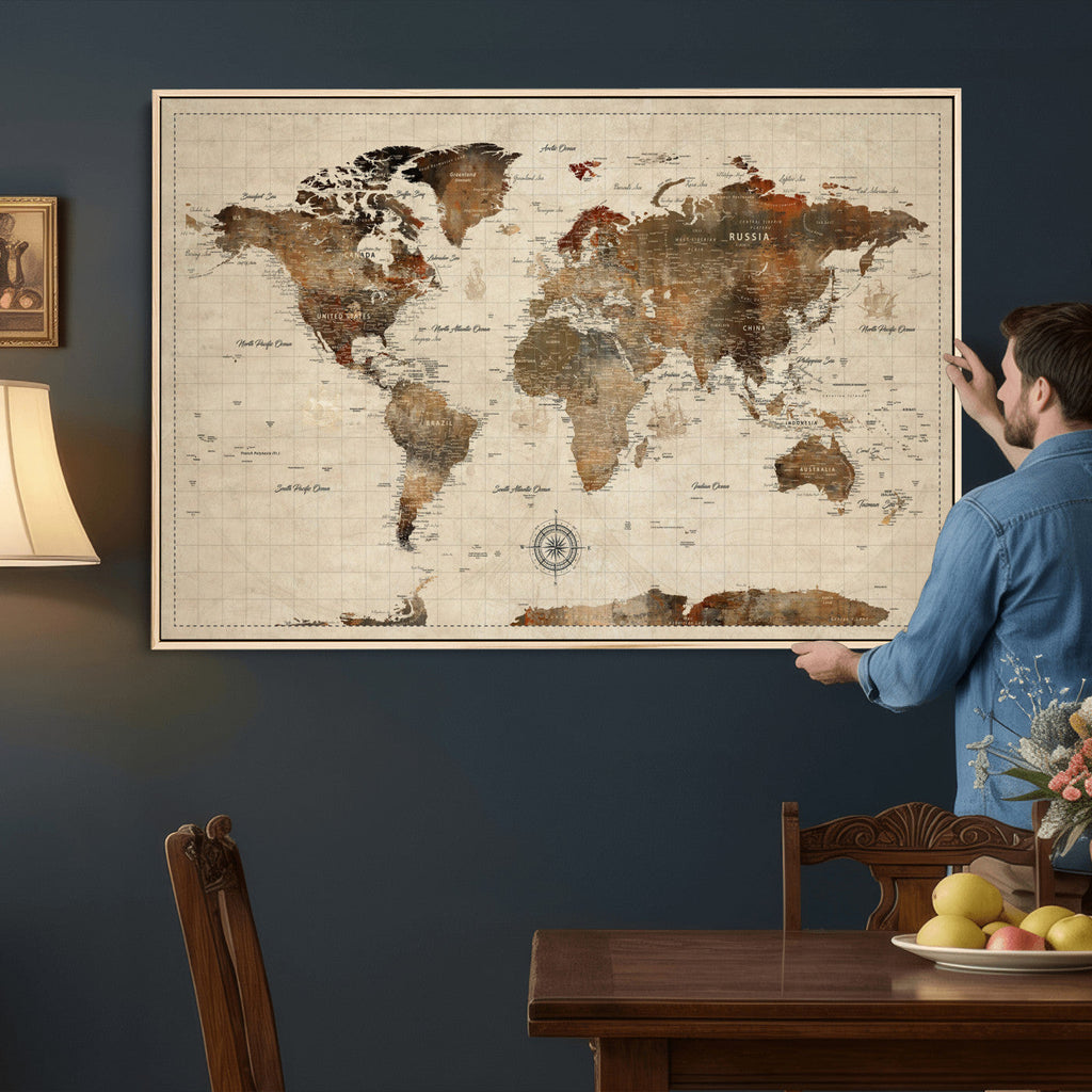 Vintage World Map Wall Art Canvas Print for Living Room, Office and Study