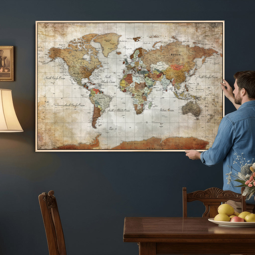Custom Framed Modern Push Pin World Map Wall Art, Places Visited Tracker, Home Office and Entryway Decor