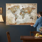 Custom Framed Modern Push Pin World Map Wall Art, Places Visited Tracker, Home Office and Entryway Decor