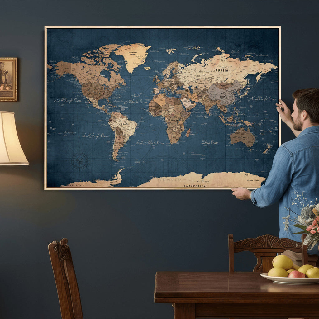 Navy Blue World Map Canvas Print | Framed Travel Map Wall Art