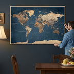 Navy Blue World Map Canvas Print | Framed Travel Map Wall Art